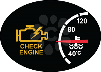 Icon retro style illustration of a dashboard with check engine sign or symbol warning  and temperature gauge on black oval on isolated background.