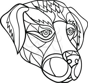 Mosaic low polygon style illustration of a labrador or golden retriever dog head looking to side on isolated white background in black and white.