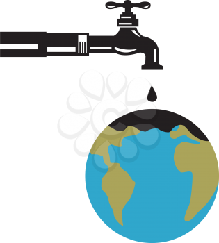 Retro style illustration of a water pipe with faucet, spigot or tap water dripping on world globe on isolated background.
