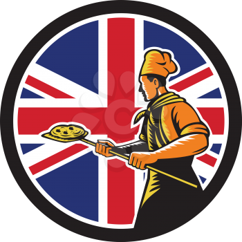 Icon retro style illustration of a British pizza baker chef holding peel viewed from side with United Kingdom UK, Great Britain Union Jack flag set inside circle on isolated background.