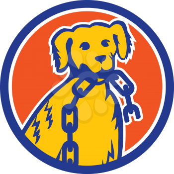 Mascot icon illustration of head of a retriever dog biting a broken chain link viewed from front set inside circle on isolated background in retro style.