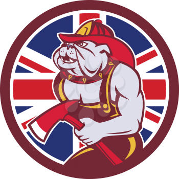 Icon retro style illustration of a British Bulldog fireman or firefighter holding fire axe  with United Kingdom UK, Great Britain Union Jack flag set inside circle on isolated background.