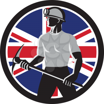 Icon retro style illustration of a British coal miner holding a pick axe viewed from side with United Kingdom UK, Great Britain Union Jack flag set inside circle on isolated background.