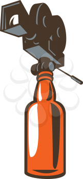 Retro style illustration of a vintage film camera on top of a beer or whiskey bottle on isolated background.