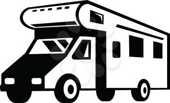 Black and white retro style illustration of a campervan, motorhome or caravan car viewed from side on isolated background.