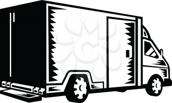 Black and white retro woodcut style illustration of a closed delivery van viewed from rear on isolated background.