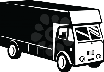 Black and white retro style illustration of a closed delivery van viewed from a high angle on side on isolated background.