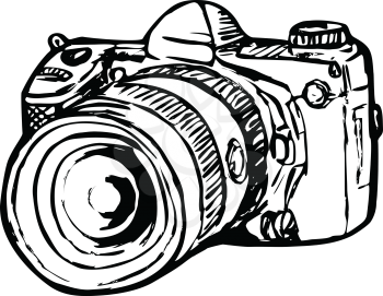Drawing sketch style illustration of a dslr digital still image camera with zoom lens viewed from side on isolated white background in black and white.