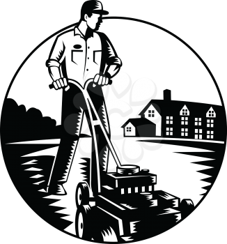 Black and white illustration of male gardener mowing with lawn mower facing front set inside circle with house in background done in retro woodcut style.
