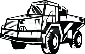 Retro woodcut style illustration of a mining dump truck viewed from side on isolated background done in black and white.