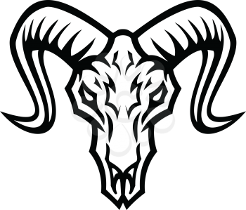 Black and white illustration of skull of bighorn sheep or ram viewed from front on isolated background in retro style.