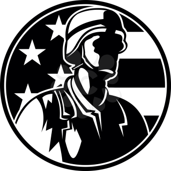 Black and White Illustration of an American soldier military serviceman or veteran looking to side with USA stars and stripes in the background during Memorial Day set inside circle done in retro style. 
