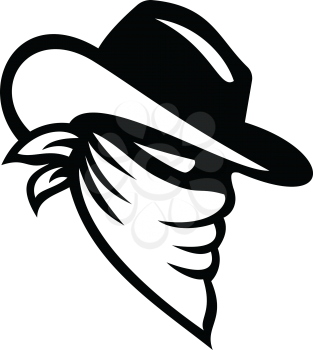 Icon style illustration of a cowboy bandit, robber or outlaw wearing face mask covered by bandana or handkerchief viewed from side on isolated background.
