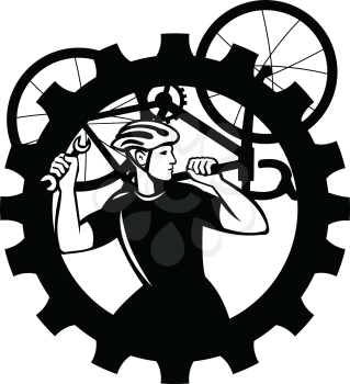Black and White Illustration of a cyclist bicycle mechanic carrying racing bike on shoulder holding spanner wrench set inside cog mechanical gear sprocket done in retro style.