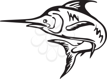 Black and White retro style illustration of a blue marlin fish jumping up viewed from side set on isolated white background.