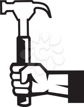Black and White icon Illustration of an American carpenter or handyman hand holding a hammer viewed from the side on isolated white background done in retro style. 