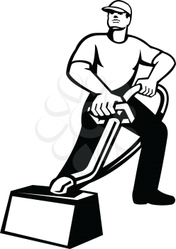 Illustration of a carpent cleaner worker vacuuming with vacuum cleaner carpet cleaning machine viewed from low angle done in retro Black and White style.