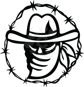 Retro style Black and White illustration of a Texan outlaw or bandit wearing face mask bandana with barbed wire ring around on isolated background.