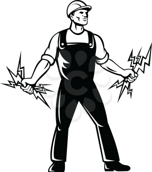 Mascot icon illustration of an electrician, lineworker or power lineman holding a bunch of lightning bolt standing viewed from front on isolated background in retro  black and white style.