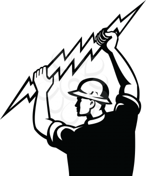 Black and White Illustration of an electrician, power lineman or construction worker holding wielding a lightning bolt viewed from rear done in retro style on isolated white background.