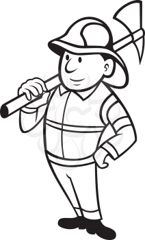 Black and White illustration of a fireman or firefighter emergency worker holding a fire ax done in cartoon style standing on isolated white background.