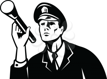 Illustration of a law enforcement police officer policeman security guard holding a flashlight or torch set inside circle done in retro Black and White style on isolated white background.