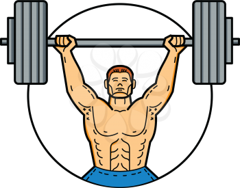 Mono line illustration of a weightlifter, athlete, personal trainer exercising lifting barbell weights viewed from front set inside circle done in monoline style.