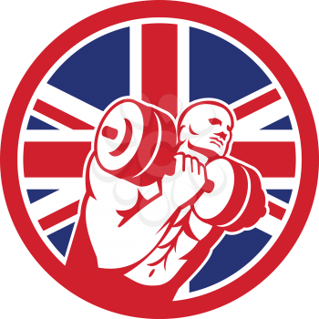 Icon retro style illustration of a British fitness gym circuit with athlete lifting dumbbell and United Kingdom UK, Great Britain Union Jack flag set inside circle on isolated background.