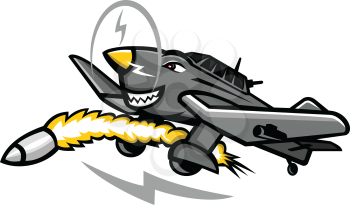 Mascot icon illustration of a Junkers Ju 87 or Stuka, a German dive bomber and ground-attack aircraft during World War II , firing a rocket missile on isolated background in retro style.