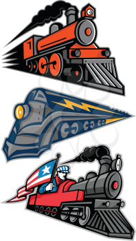 Mascot icon illustration set of vintage steam locomotive or steam engine railway train speeding up  viewed from side  on isolated background in retro style.