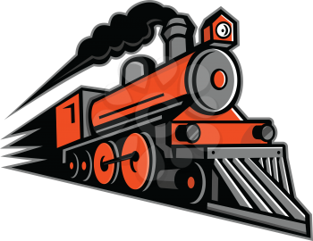 Mascot icon illustration of a vintage steam locomotive or train speeding in full speed coming up the viewer on isolated background in retro style.
