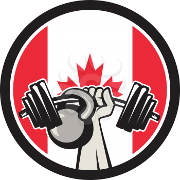 Icon retro style illustration of a Canadian hand lifting a barbell and kettlebell with Canada maple leaf flag set inside circle on isolated background.