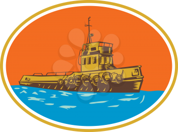 Retro woodcut style illustration of tug, tugboat or towboat, a type of marine vessel that maneuvers other ship or boat by pushing pulling by direct contact or by tow line set inside oval shape.