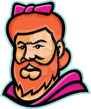 Mascot icon illustration of head of a bearded lady or bearded woman,  a woman with a visible beard that is featured as a circus curiosity viewed from front on isolated background in retro style.