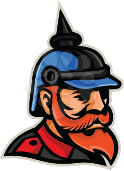 Mascot icon illustration of head of a Prussian officer wearing a pickelhaube or pickelhelm, a spiked helmet worn nineteenth and twentieth centuries by German military viewed from side in retro style.