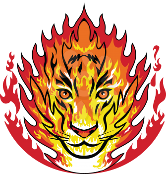 Mascot icon illustration of flaming head of a tiger or big large cat on fire set inside flames viewed from front on isolated background in retro style.