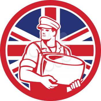 Icon retro style illustration of a British artisan cheesemaker or cheese maker holding Parmesan cheese with United Kingdom UK, Great Britain Union Jack flag set inside circle on isolated background.