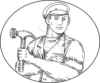 Mono line illustration of a vintage carpenter, handyman, builder or construction worker wearing a hat holding a hammer set inside oval done in black and white.