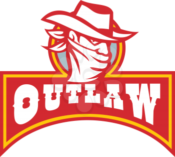Retro style illustration of a cowboy outlaw or bandit wearing bandana overing his face with banner and text Outlaw on isolated background.