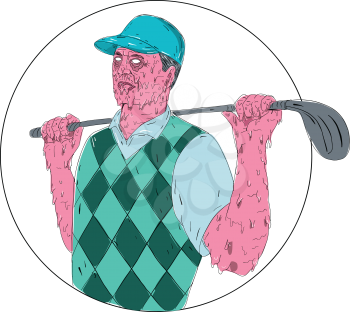 Grime art style illustration of a Golfer wearing vest holding Golf Club on shoulder set inside Circle on isolated background.