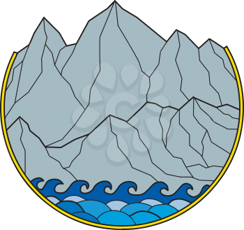 Mono line style illustration of a Rugged Mountain Range with sea Waves breaking on shore set inside Circle on isolated background.