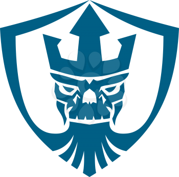 Icon style illustration of Skull of Neptune wearing Trident Crown with beard set inside Crest shield on isolated background.
