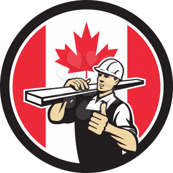 Icon retro style illustration of a Canadian lumber yard or lumberyard worker thumbs up with Canada maple leaf flag set inside circle on isolated background.