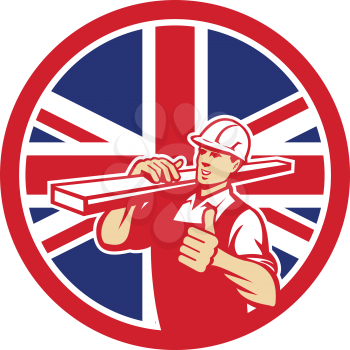 Icon retro style illustration of a British lumber yard or lumberyard worker thumbs up with United Kingdom UK, Great Britain Union Jack flag set inside circle on isolated background.