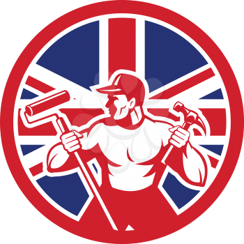 Icon retro style illustration of a British professional handyman or household maintenance guy with United Kingdom UK, Great Britain Union Jack flag set inside circle on isolated background.