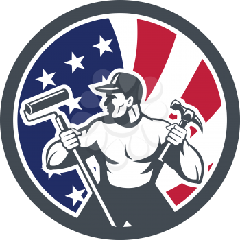 Icon retro style illustration of an American professional handyman or household maintenance guy with United States of America USA star spangled banner or stars stripes flag circle isolated background.