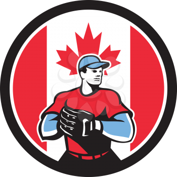 Icon retro style illustration of a Canadian baseball pitcher or catcher wearing mitts with Canada maple leaf flag set inside circle on isolated background.