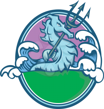 Mascot icon illustration of a seahorse, a small marine fish, holding a trident with waves at bottom set inside oval shape viewed from side on isolated background in retro style.