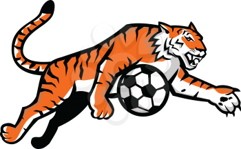 Mascot icon illustration of a tiger running, jumping, dribbling soccer football ball viewed from side  on isolated background in retro style.
