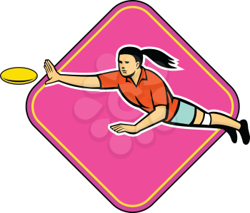 Mascot icon illustration  of an ultimate frisbee player catching a flying disc set inside diamond shape viewed from side  on isolated background in retro style.